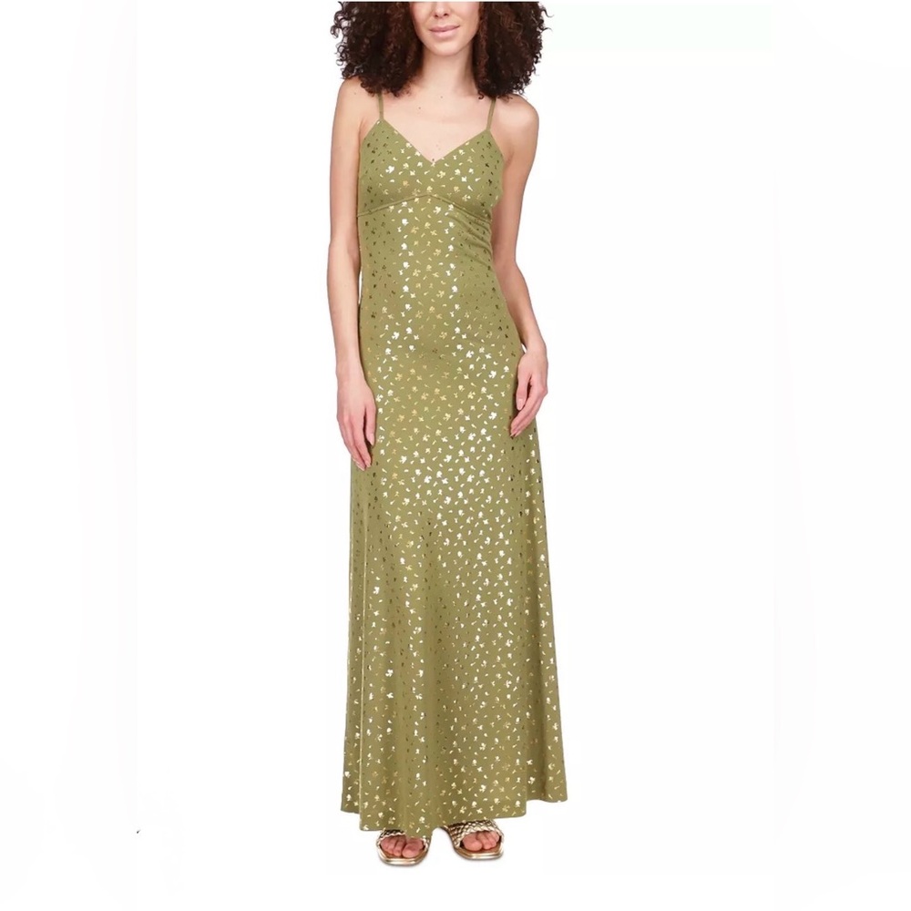 Michael Kors NWT Olive Green Gold Maxi Slip Dress Shimmer Foil Floral Woman XXL